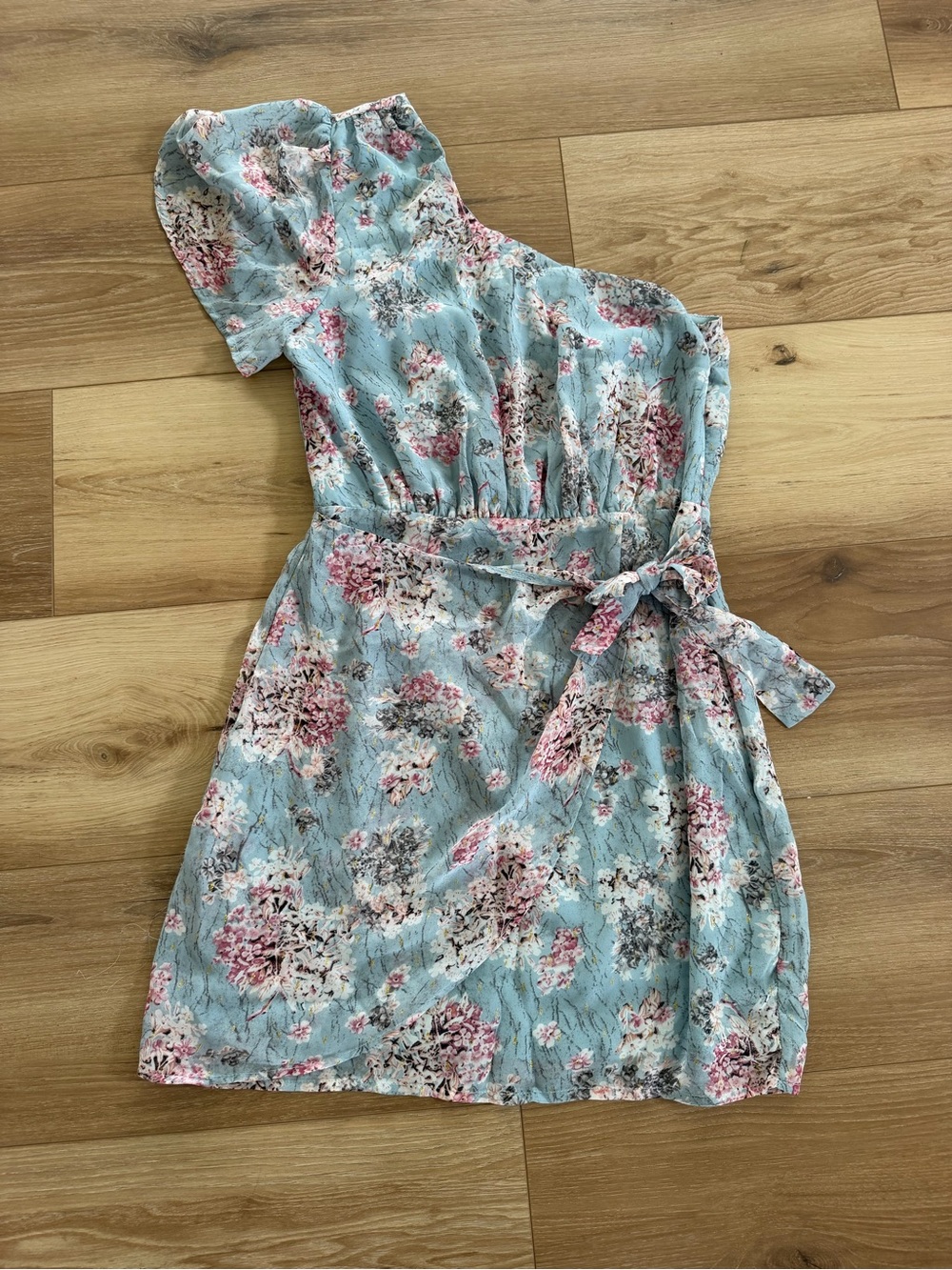 Lulu's One-Shoulder Blue Floral Tie-Waist Dress